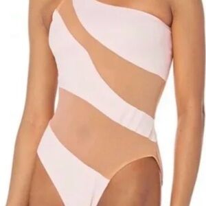 Blush tan Illusion Mesh One Shoulder One Piece Swimsuit